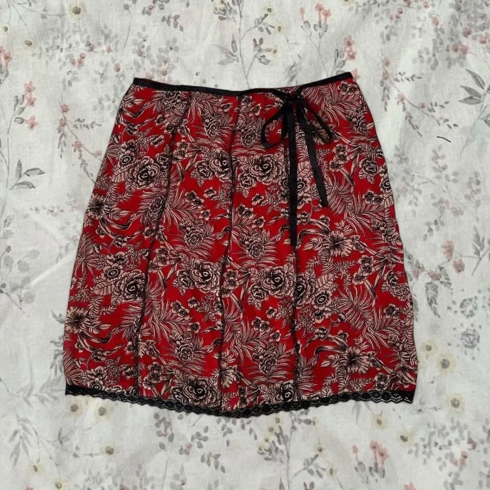 Mesh Y2k Vintage Euro Slip Skirt Roses with Black Lace Bow Tie Lined - Picture 1 of 8